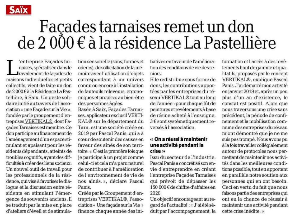 Façades tarnaises fait un don à la résidence La Pastelière, Une Façade sur la vie.