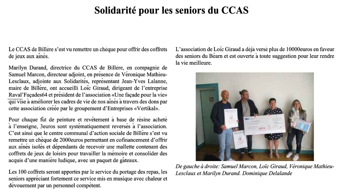 Remise de chèque pour les seniors du CCAS, Une Façade sur la vie.